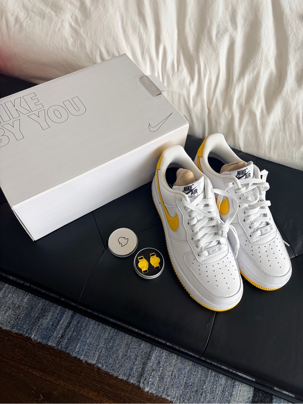 Collectible Snap Nike Air Force 1s Leather Sneakers with Yellow Swoosh